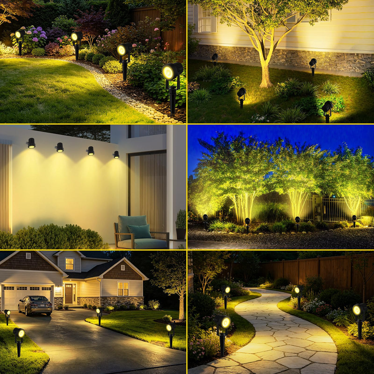 T-SUN solar spotlights grounded with stake installation for easy outdoor setup.