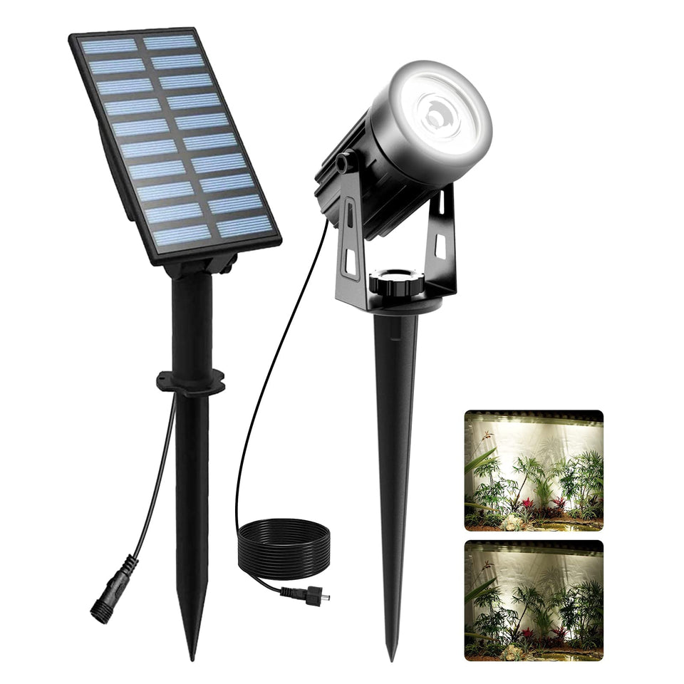 T-SUNUS Christmas solar spotlight beam highlights garden features with crisp glow.