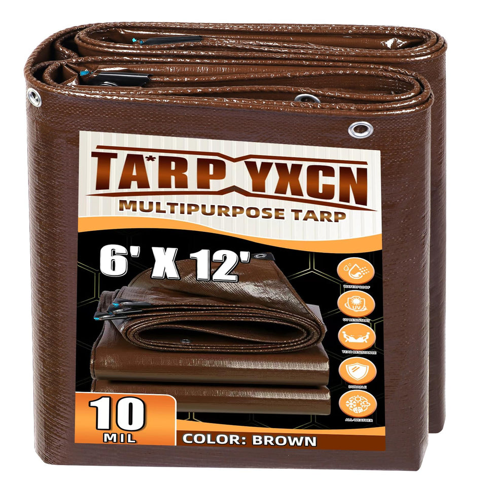 TA*RP YXCN brown tarp 6x12 with 10 mil thickness for durable outdoor protection.