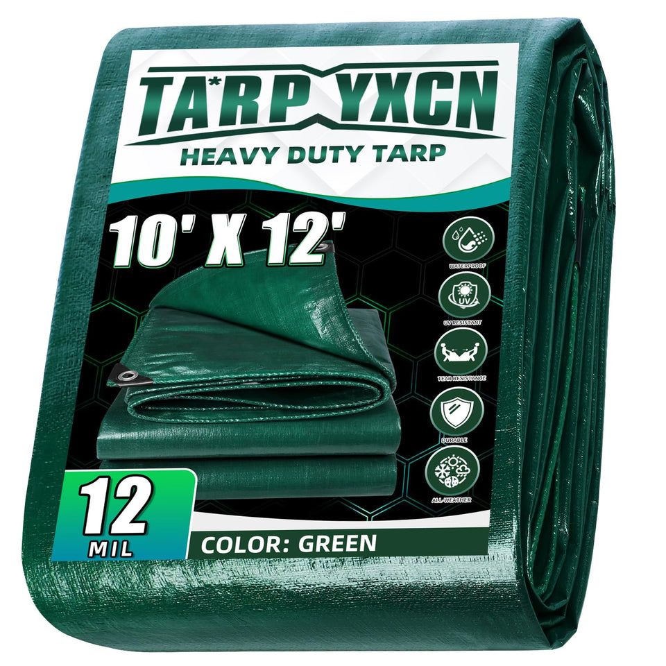 TA*RP YXCN green heavy-duty tarp shields outdoor gear from rain and sun.
