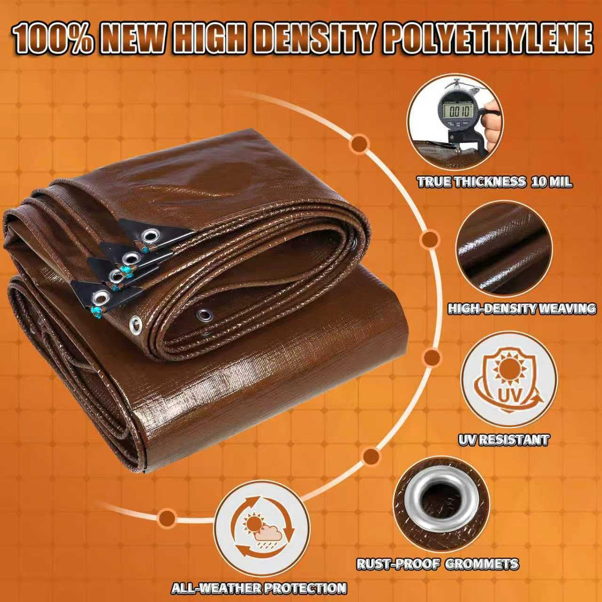 TA*RP YXCN brown tarp with metal grommets every 20 inches for secure anchoring.