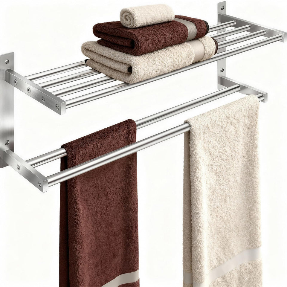 Taaji 24in towel rack with double bars in brushed nickel for quick towel access.