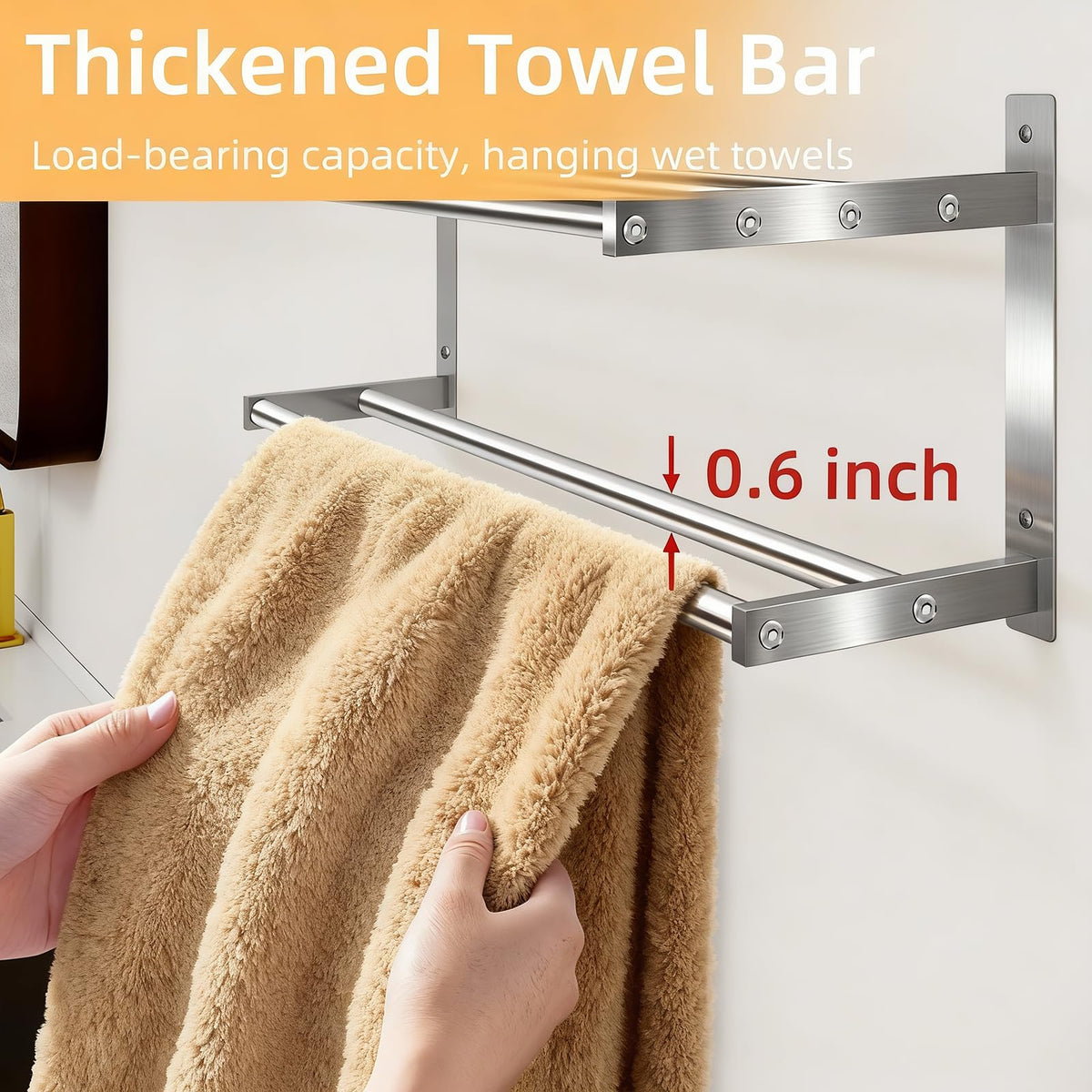 Taaji wall-mounted towel rack in brushed nickel adds sleek storage.