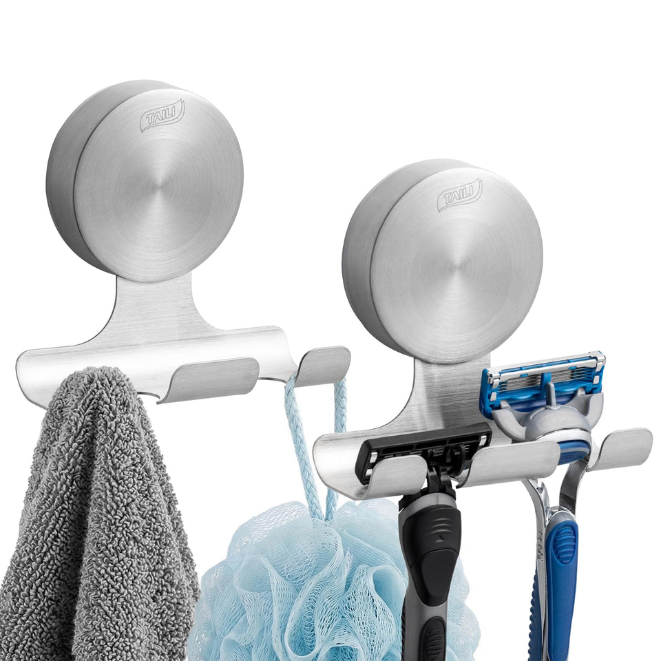 TAILI razor holder on tile showcases sturdy suction and sleek stainless style.