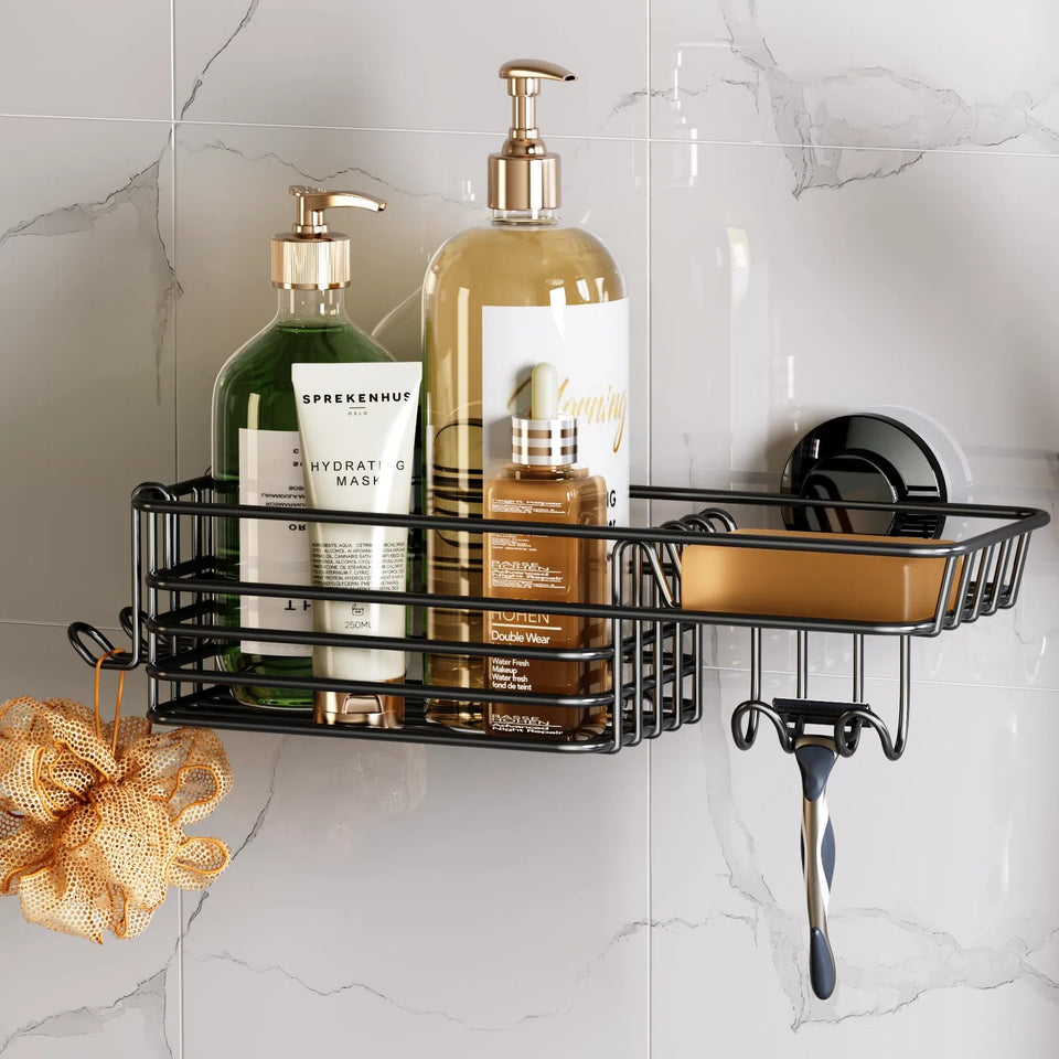 Taili shower caddy with suction cups and hooks for easy wall organization