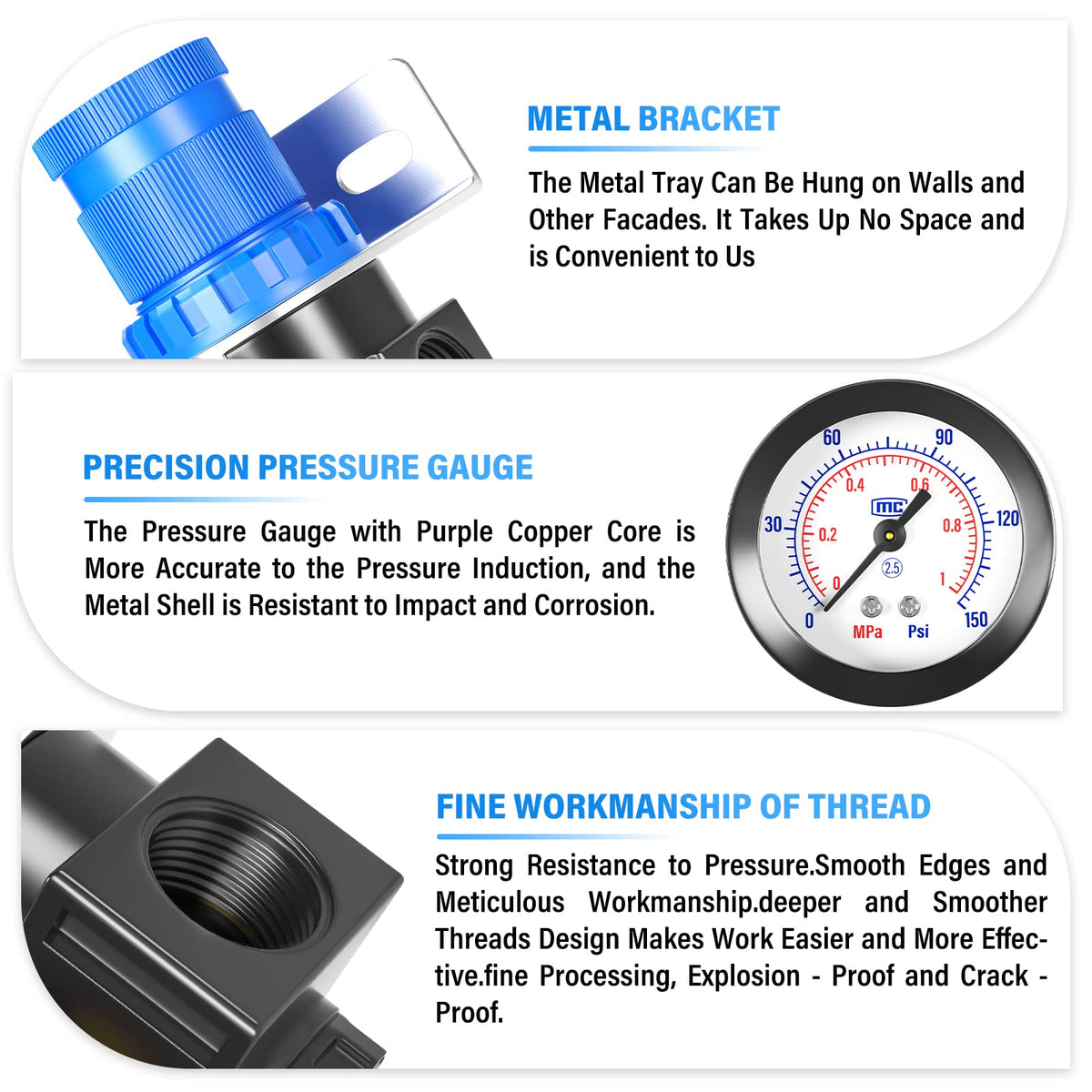 Tailonz Pneumatic AR2000 gauge port detail for accurate readings.