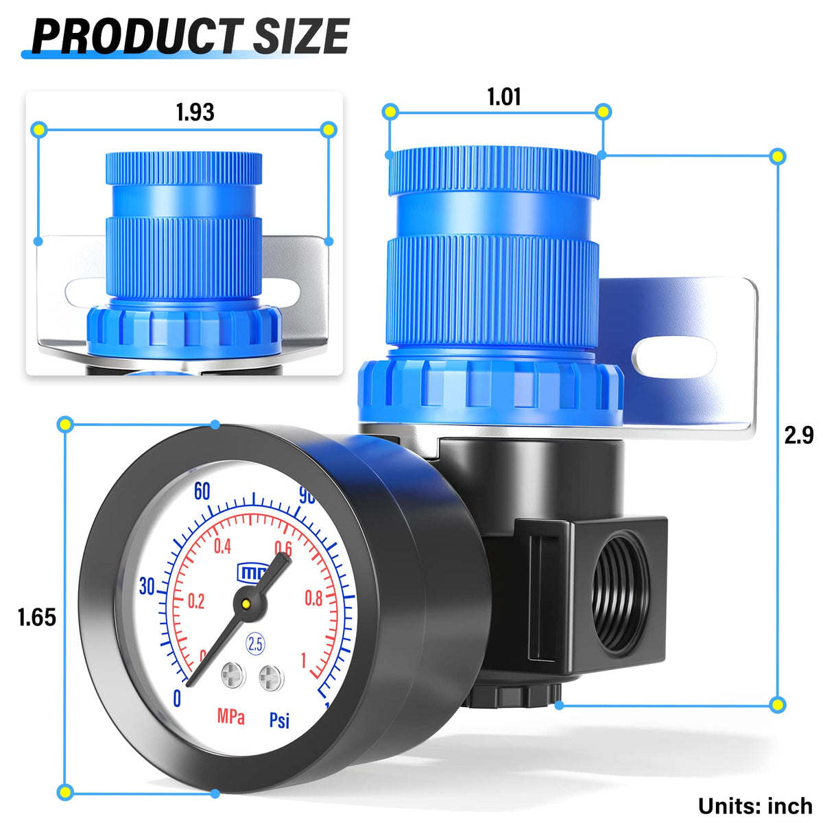 Tailonz Pneumatic AR2000 mini-regulator 1/4 in NPT port ensures steady pressure.