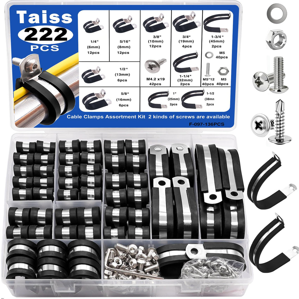 Taiss cable clamps kit assembly for organized wire and pipe management.