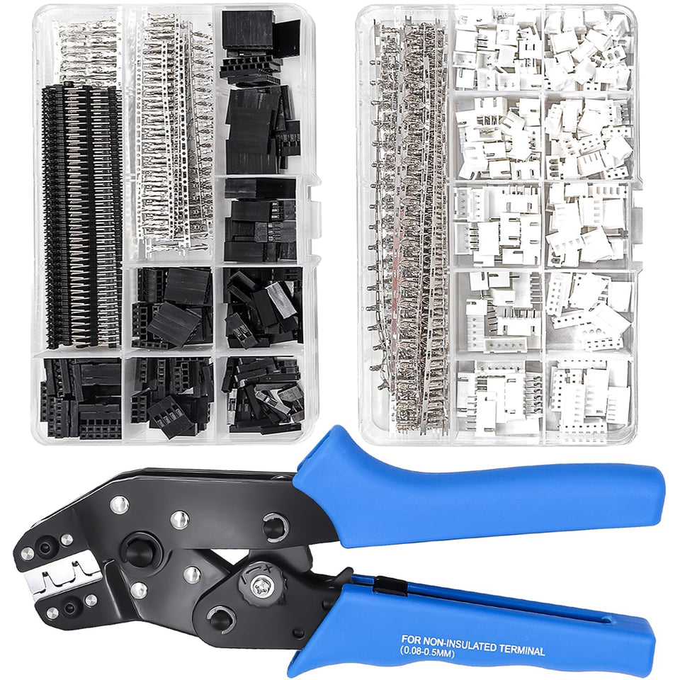 Taiss Dupont ratcheting crimping tool in hand for precise wire terminations.