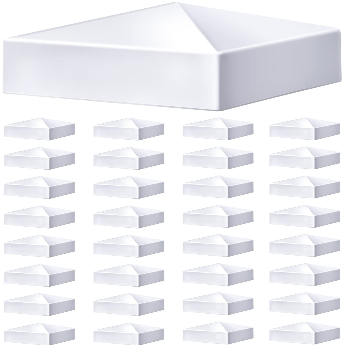 Taiyin pyramid white post cap on 5x5 PVC post protects from weather.