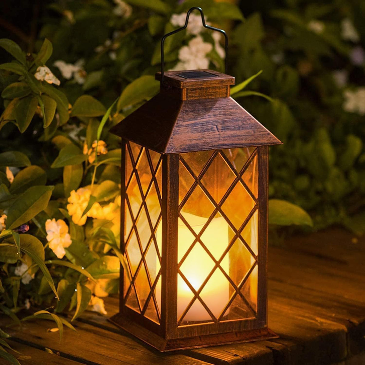 Take Me 14inch solar lantern for outdoor garden with warm glow at dusk.