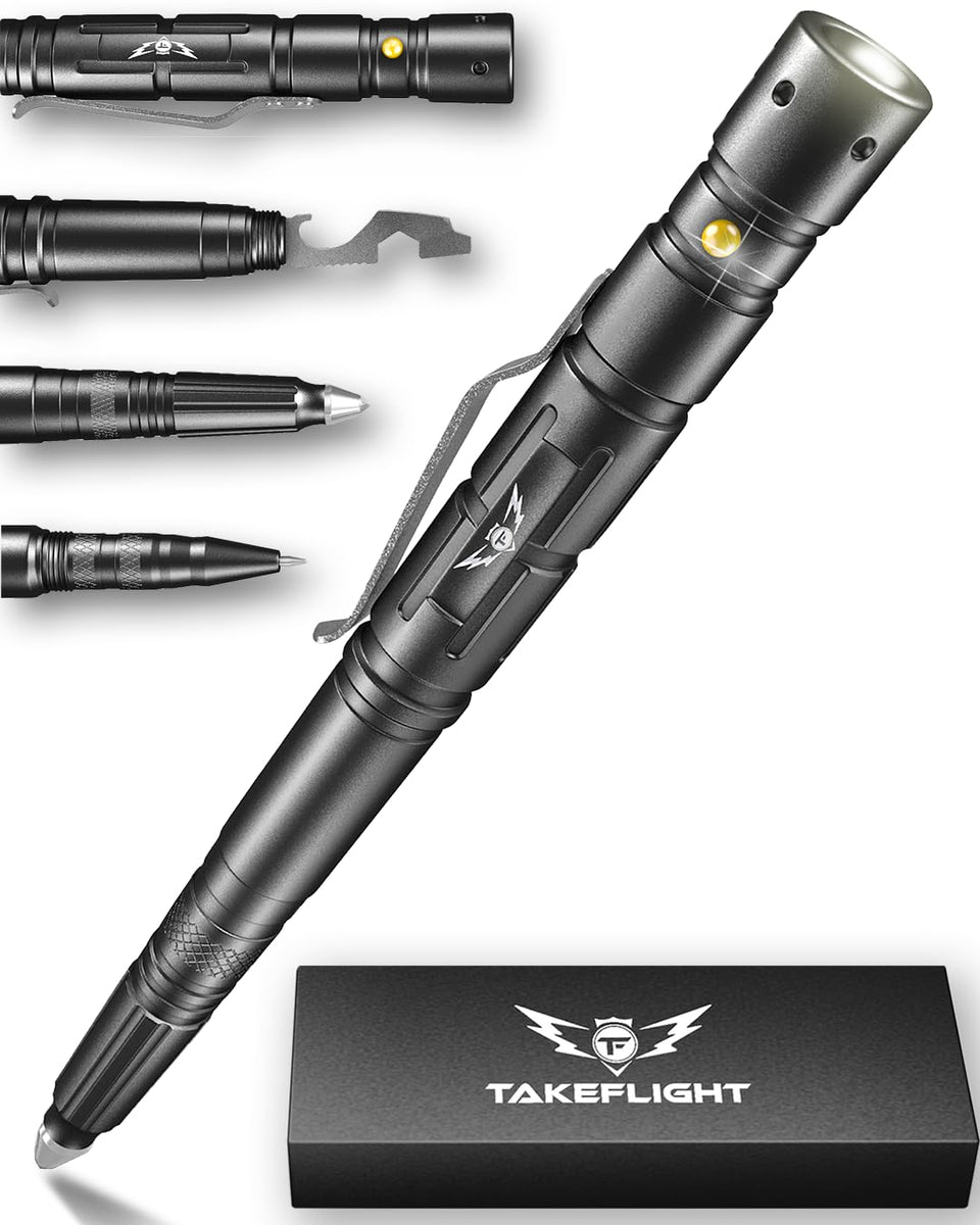 TF TAKEFLIGHT tactical pen with LED flashlight for quick dim-space illumination.