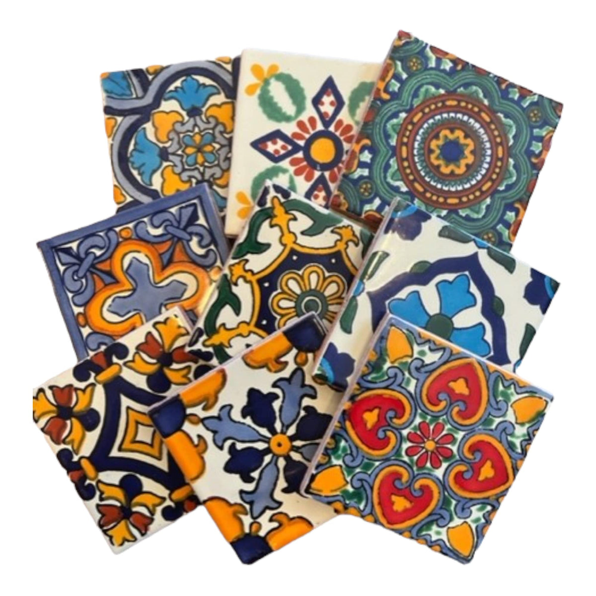 Talavera 9-mixed-designs 4x4 tile sampler close-up, ideal for showers and pools.