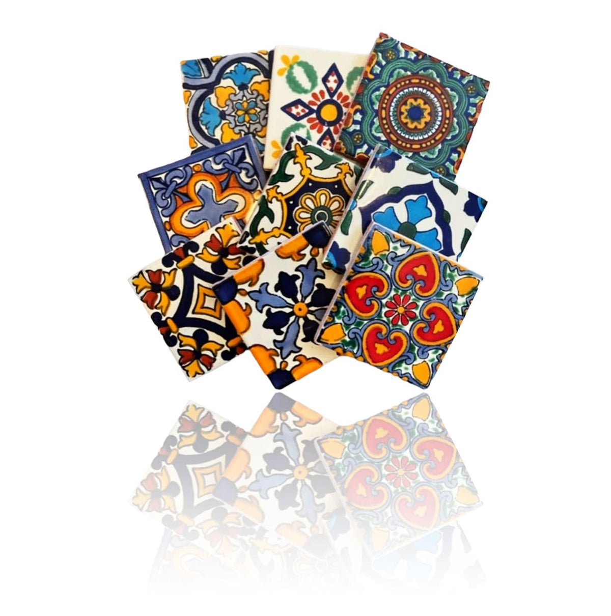 Talavera tile sampler shows mixed designs, perfect for outdoor walls and fountains.
