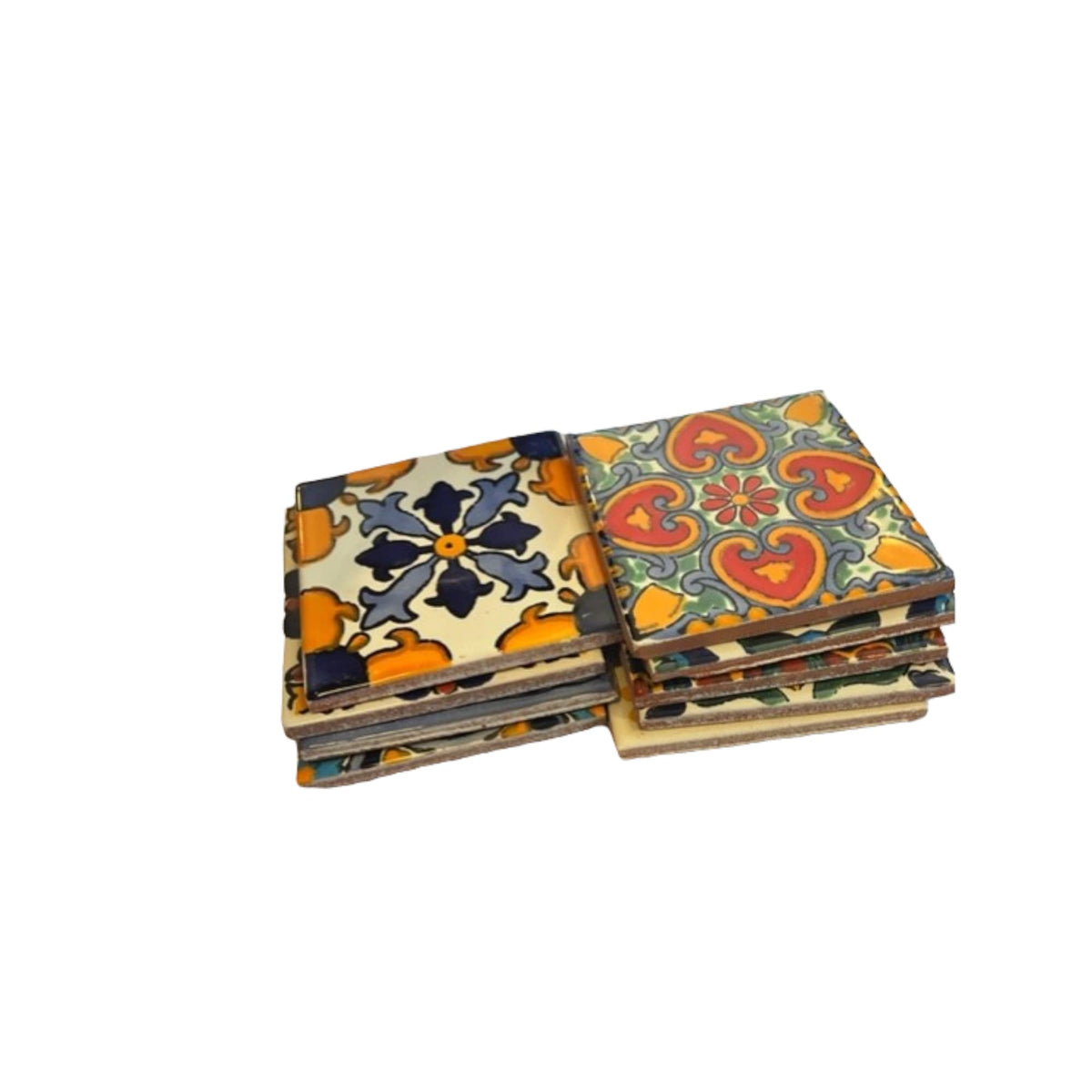 Talavera 9-mixed-designs 4x4 tile sampler close-up highlighting glaze richness for interiors.