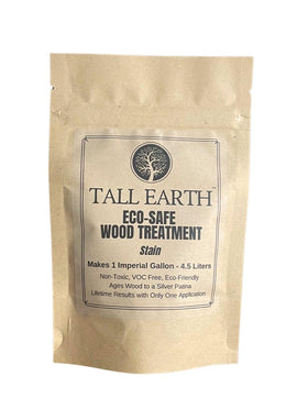 Tall Earth Eco-Safe Wood Treatment bottle pour showing silver-gray patina finish