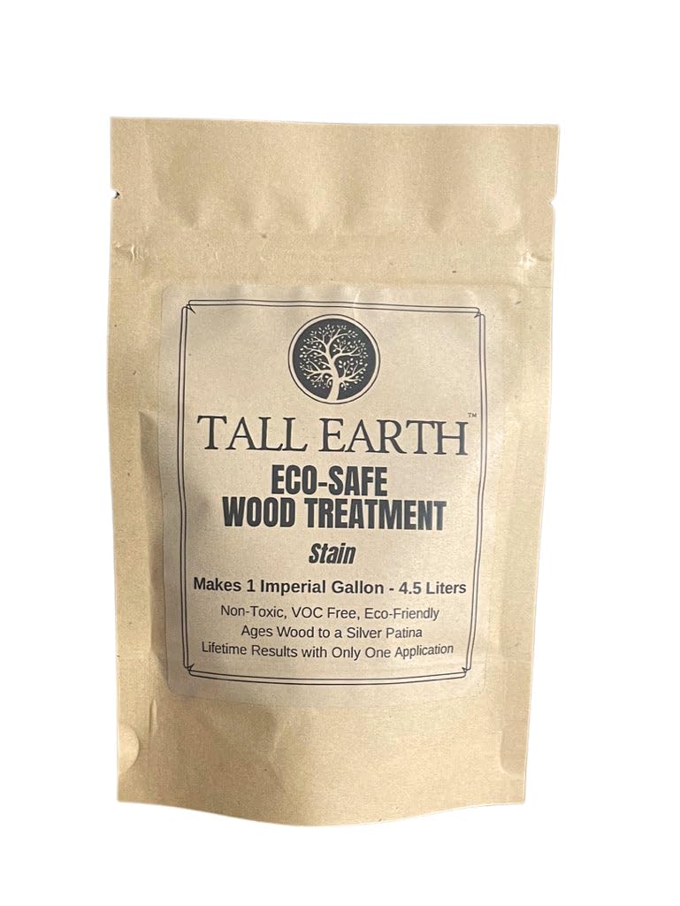 Tall Earth Eco-Safe Wood Treatment bottle pour showing silver-gray patina finish