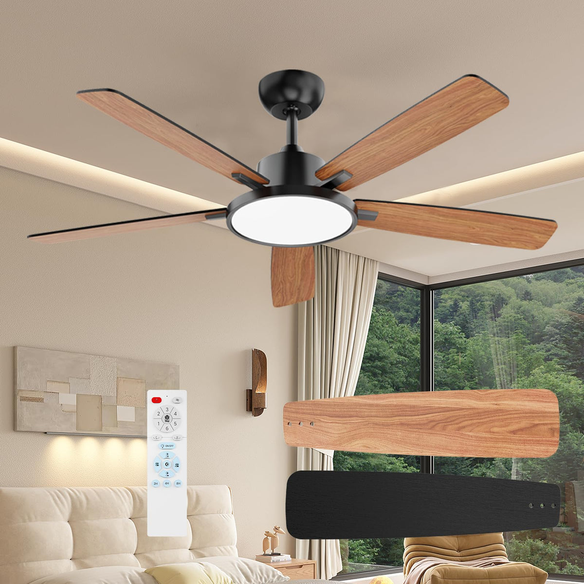 TALOYA 52-inch black ceiling fan with LED light for versatile cooling and illumination.