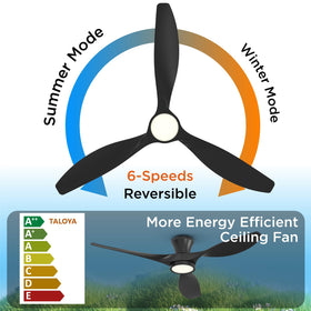 TALOYA black ceiling fan close-up shows durable ABS and stainless steel build.