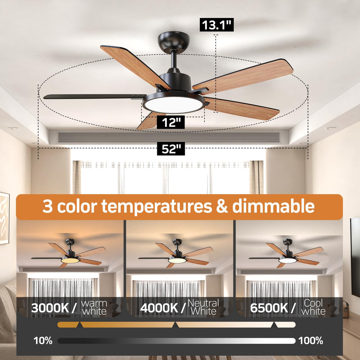 TALOYA five-blade black and wood-grain design adds modern flair.