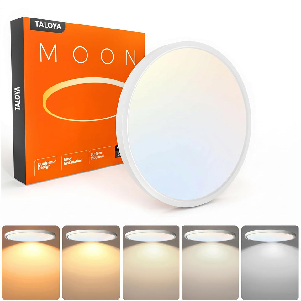 Taloya 12-inch flush mount front view showing clean illumination from a milk white shell