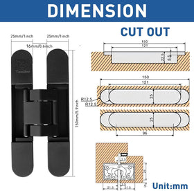 TamBee concealed hinge with 180-degree swing enables wide access while maintaining a sleek, invisible look.