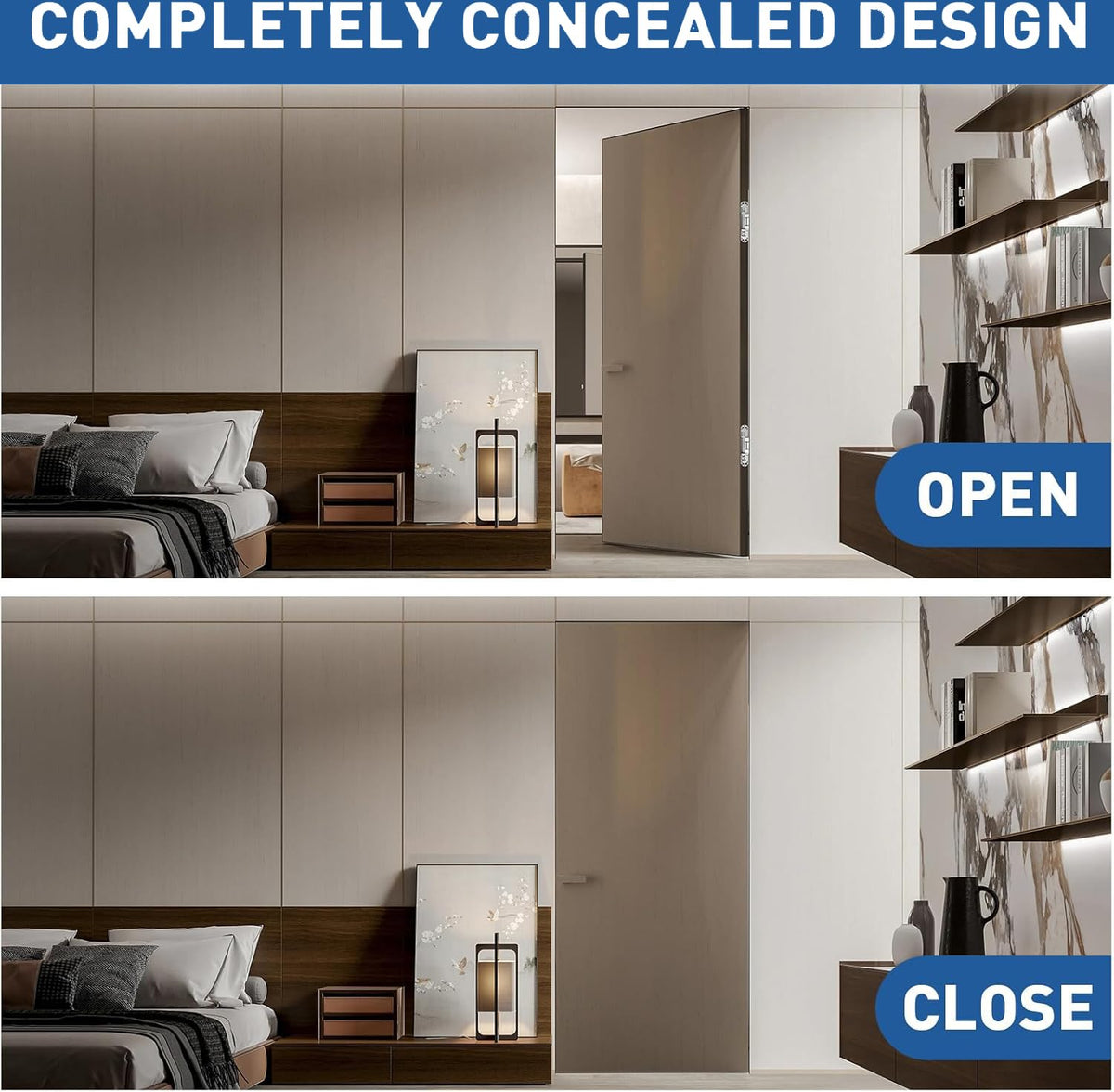 TamBee 6x2.5x1 inch hinges blend with black hardware for a seamless hidden appearance.