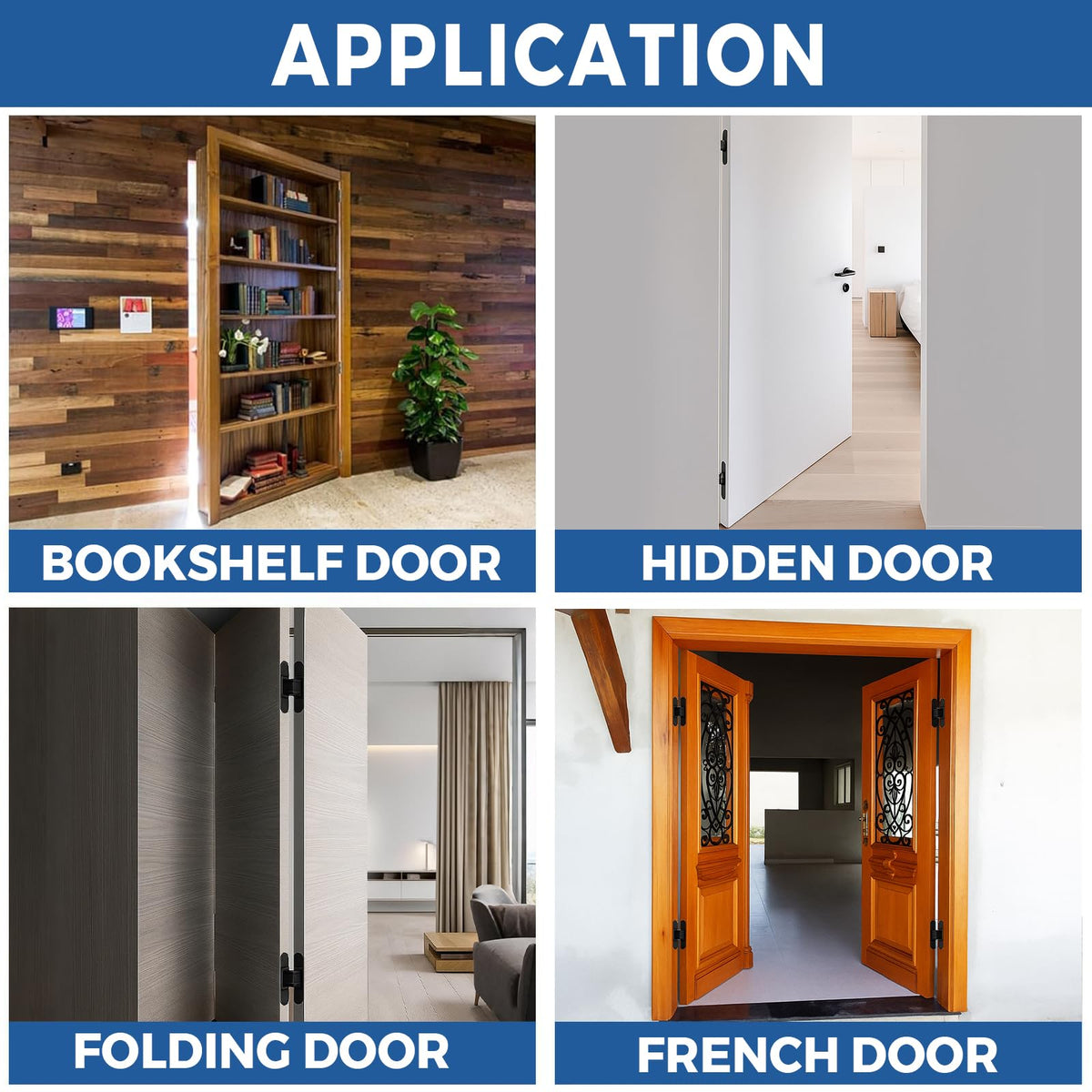 TamBee hidden hinge ideal for secret doors, bookshelf doors, French doors, and feature walls.