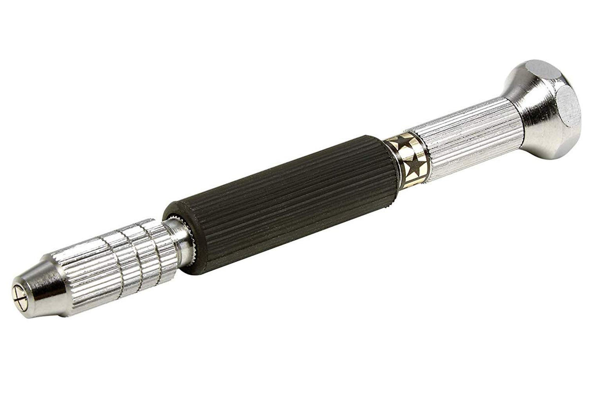 Tamiya Fine Pin Vise D-R closeup highlighting smooth rotation for precise model drilling.