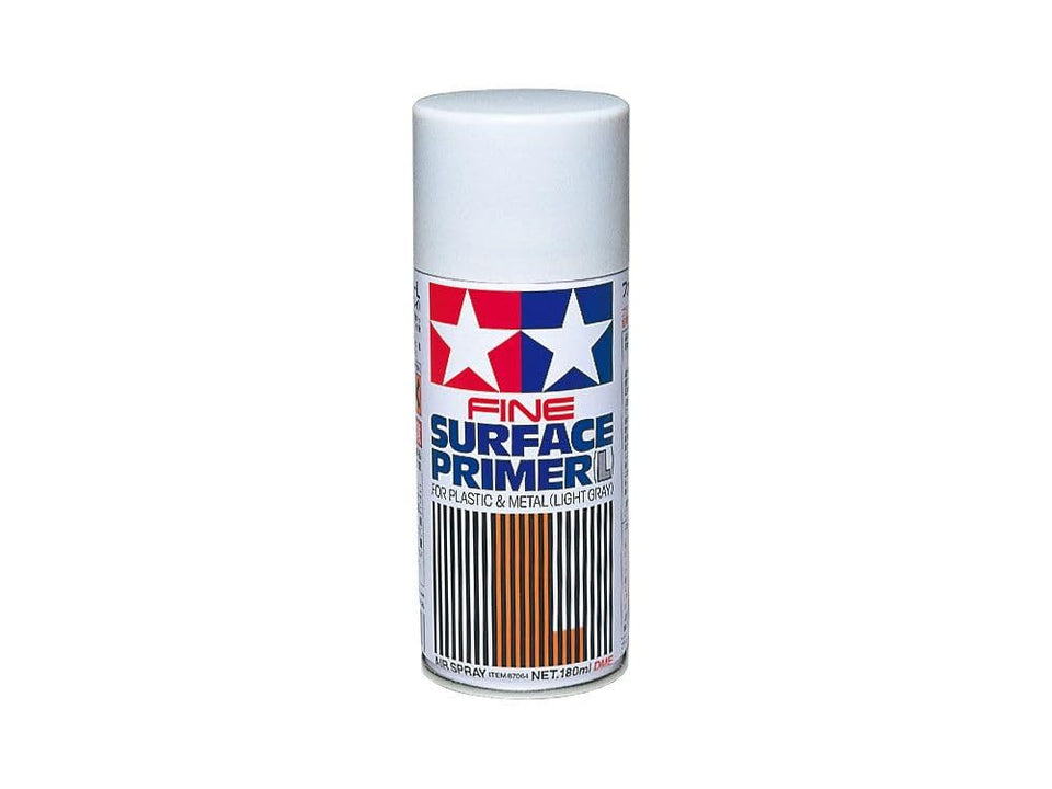 Tamiya Gray Fine Surface Primer L closeup, ideal for smoothing minor scratches on plastics.