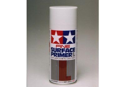 Tamiya Gray Fine Surface Primer L spray mist, ready for wet sanding before paint.