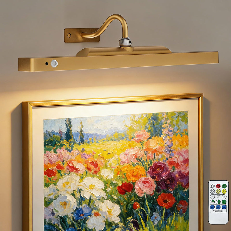 TANBABY 16-inch gold picture light over artwork showing true color and detail.