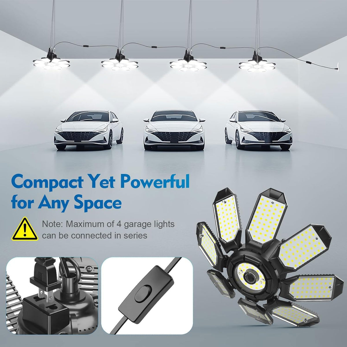 Tanbaby garage light demonstrates 360° coverage with adjustable panels.