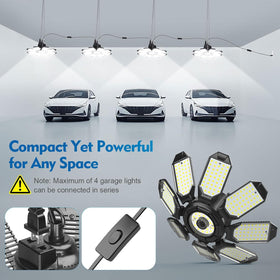 Tanbaby garage light demonstrates 360° coverage with adjustable panels.
