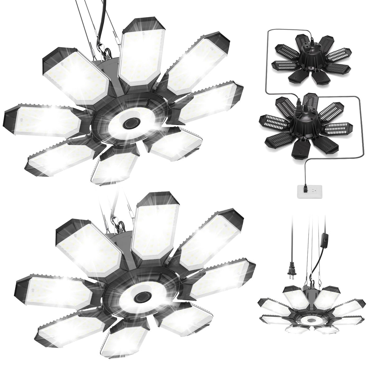 Tanbaby LED garage light shows the 8-panel deformable design for wide coverage.