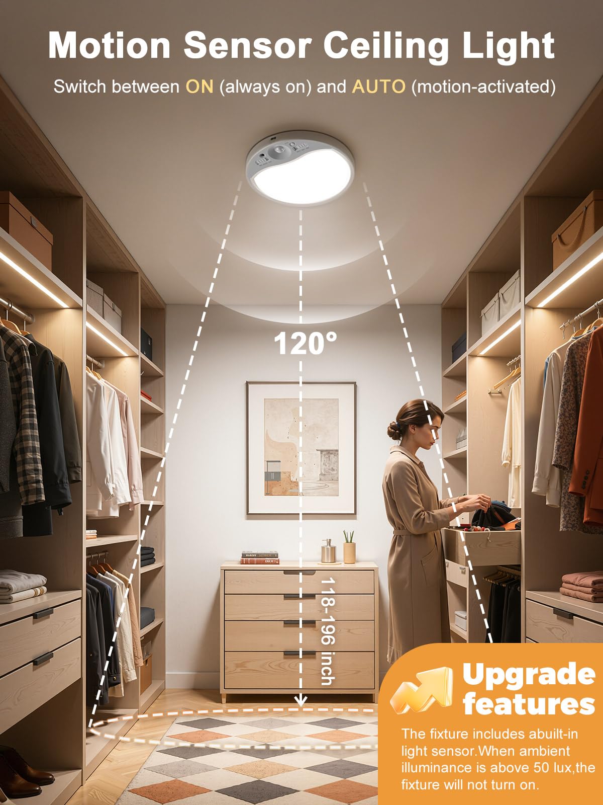 TANBABY motion-sensor ceiling light covers a 9 to 16 ft range for automatic lighting.