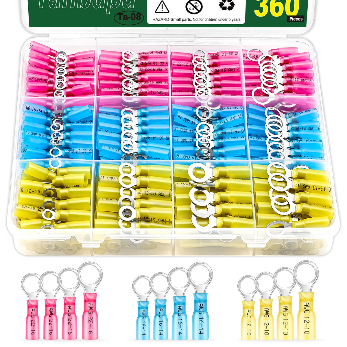 Tanbupu 360Pcs heat shrink ring terminals kit close-up with copper connectors.