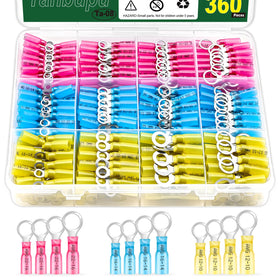 Tanbupu 360Pcs heat shrink ring terminals kit close-up with copper connectors.