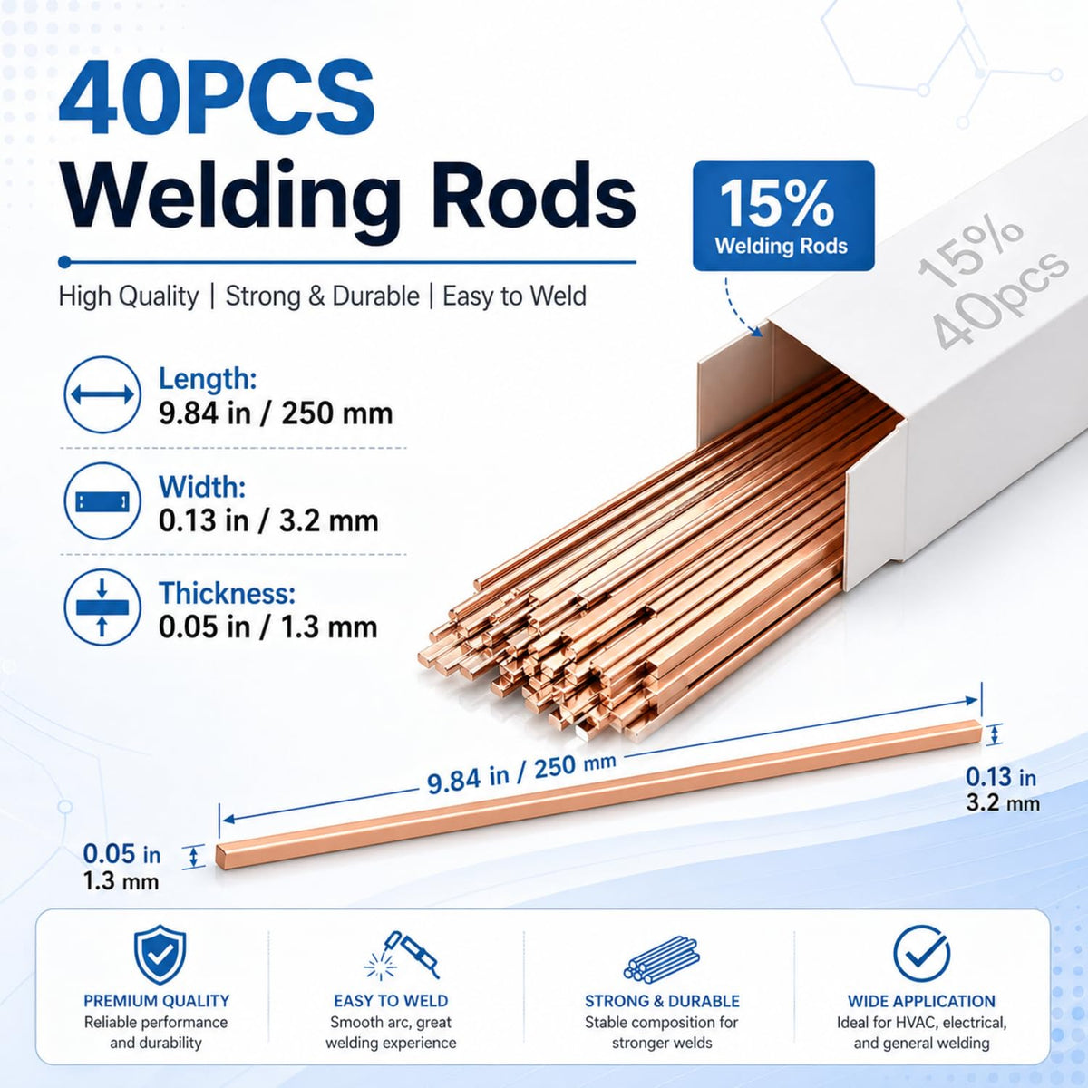 Tandefio brazing rods close-up showing 15% silver content for strong joints.