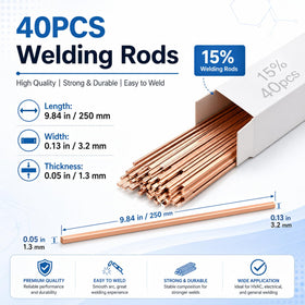 Tandefio brazing rods close-up showing 15% silver content for strong joints.