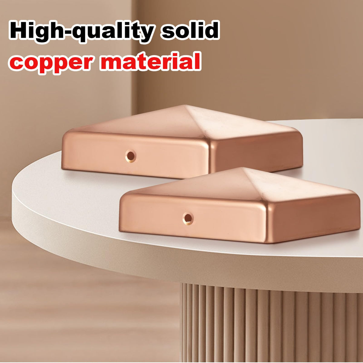 Tandefio copper post cap with screws—easy attachment to square posts.