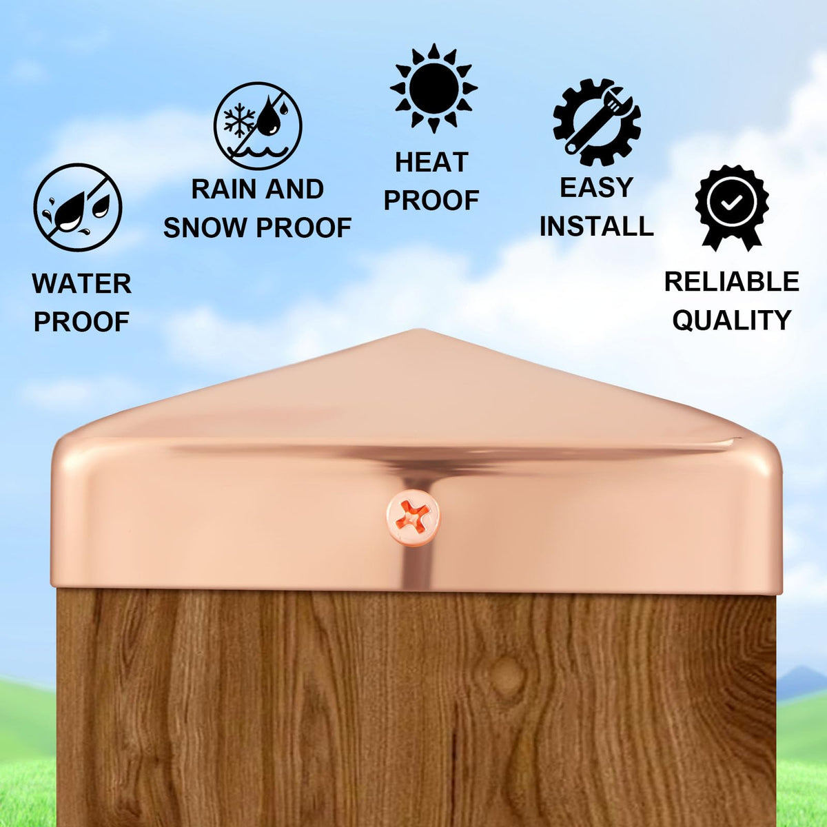 Tandefio copper pyramid post cap packaged for install—complete 4-pack with screws included.