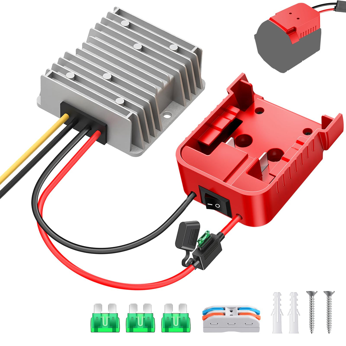Tanheyin 18V to 12V buck converter front view for Milwaukee battery setup.