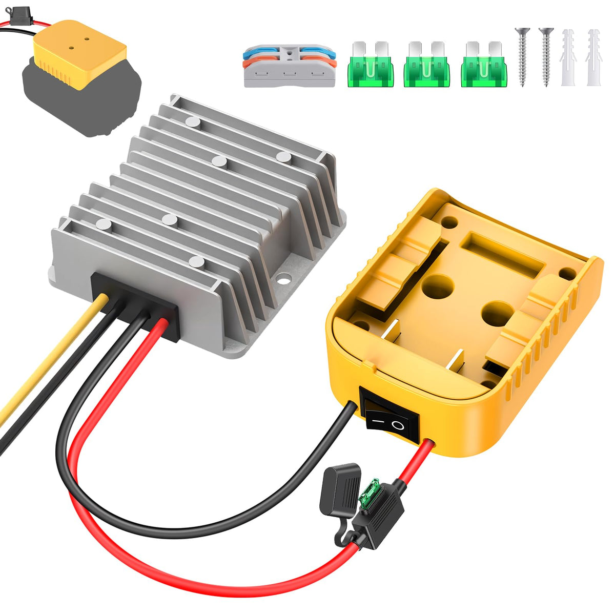 TANHEYIN 20V to 12V converter setup powering 12V output from Dewalt battery.