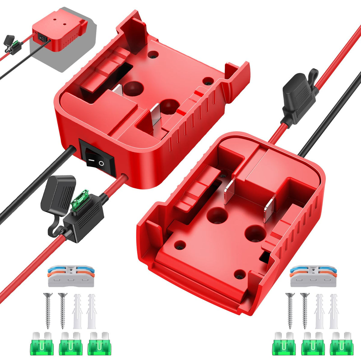 TANHEYIN 2-pack 18V adapters shown in a battery-slot setup for stable power.