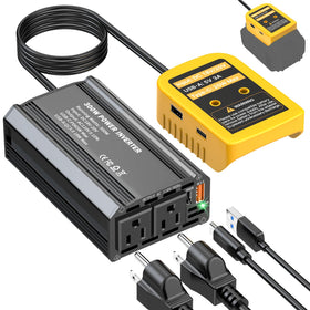 TANHEYIN 300W inverter with Dewalt battery slot powering a phone outdoors