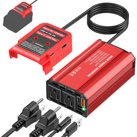 TANHEYIN 300W inverter with Milwaukee battery attachment powers devices on outdoor trips