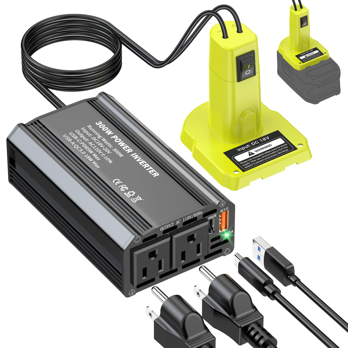 TANHEYIN 300W inverter connected to Ryobi 18V battery slot for portable charging
