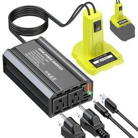 TANHEYIN 300W inverter connected to Ryobi 18V battery slot for portable charging