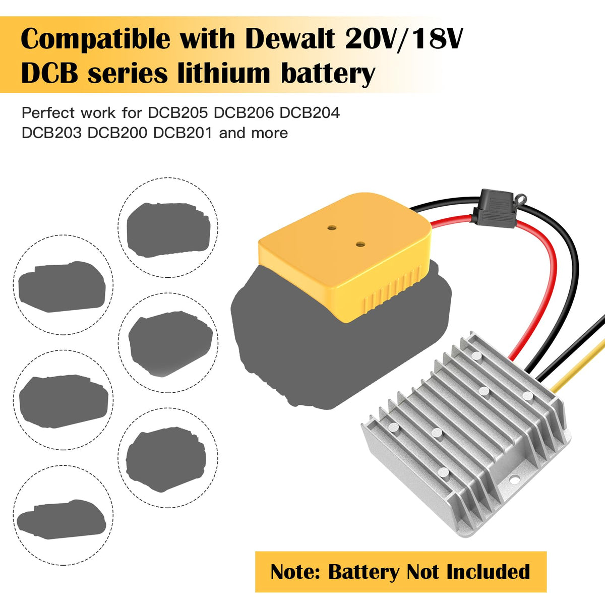 TANHEYIN DCW battery adapter connection provides 12V power for Dewalt tools.